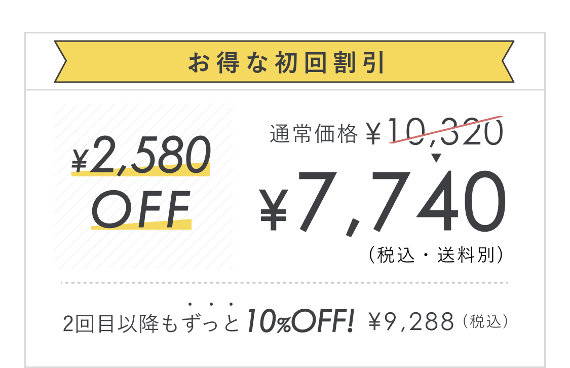 通常価格¥10,320のところ、初回割引¥2,580、¥7,740(税込・送料別)。2回目以降もずっと10%OFF¥9,288(税込)